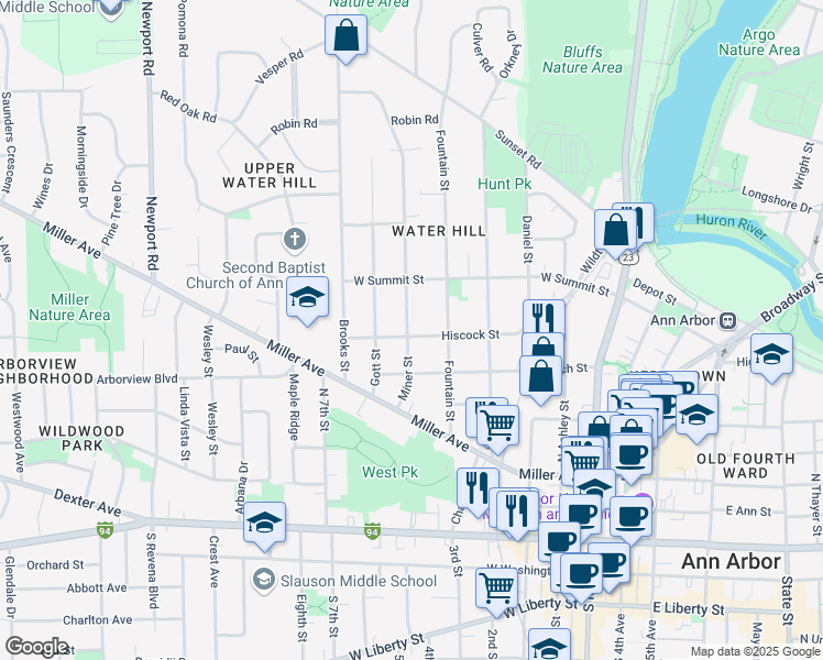 map of restaurants, bars, coffee shops, grocery stores, and more near 630 Hiscock Street in Ann Arbor