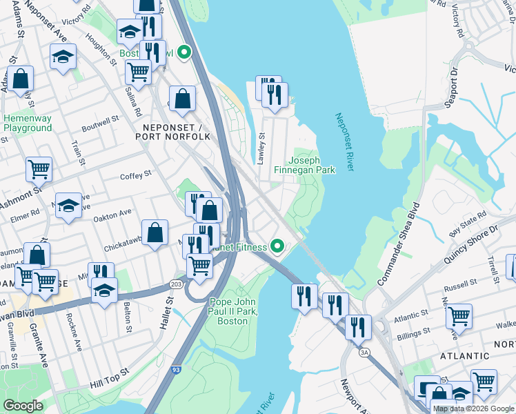 map of restaurants, bars, coffee shops, grocery stores, and more near 50 Redfield Street in Boston