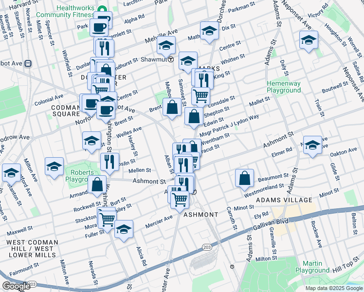 map of restaurants, bars, coffee shops, grocery stores, and more near 510 Talbot Avenue in Boston