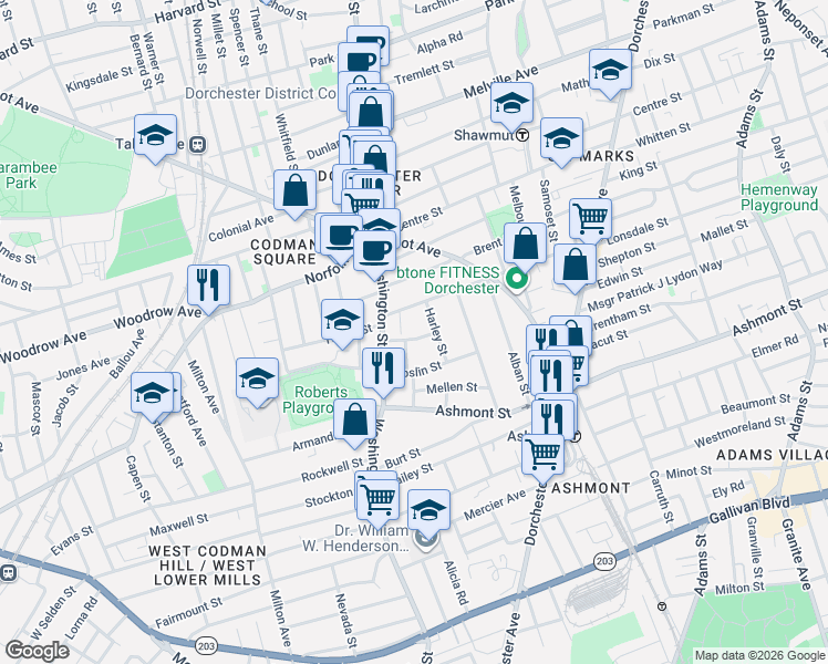 map of restaurants, bars, coffee shops, grocery stores, and more near 25 Welles Avenue in Boston