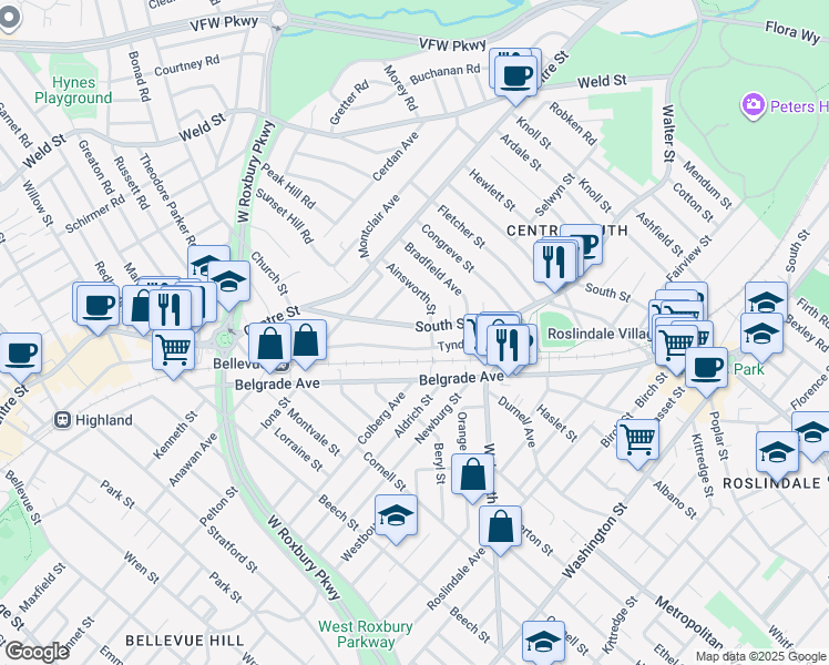 map of restaurants, bars, coffee shops, grocery stores, and more near 1003 South Street in Boston