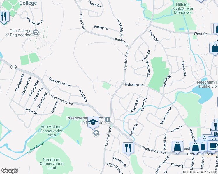 map of restaurants, bars, coffee shops, grocery stores, and more near 23 Dwight Road in Needham