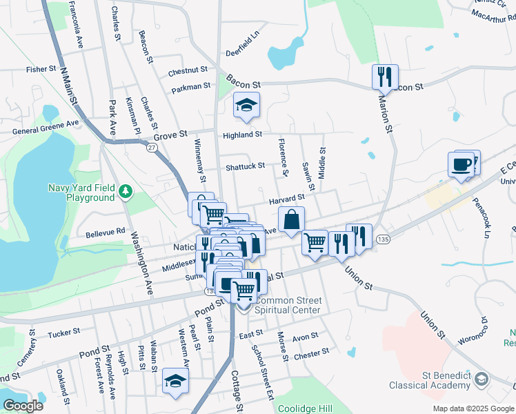 map of restaurants, bars, coffee shops, grocery stores, and more near 14 David Drive in Natick