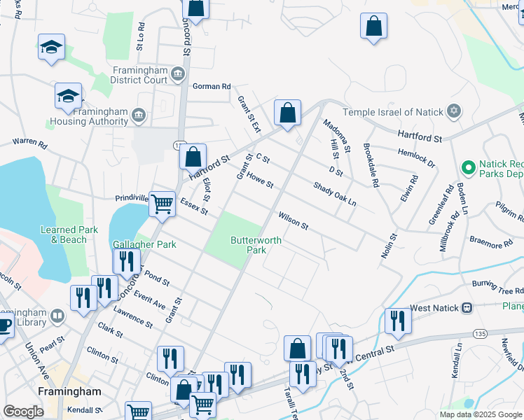map of restaurants, bars, coffee shops, grocery stores, and more near 40 Wilson Street in Framingham