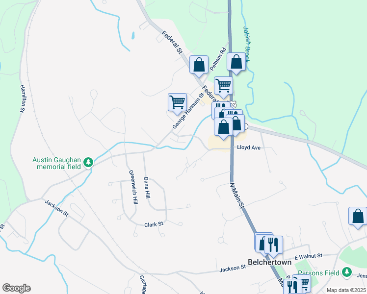 map of restaurants, bars, coffee shops, grocery stores, and more near 5-43 George Hannum Street in Belchertown