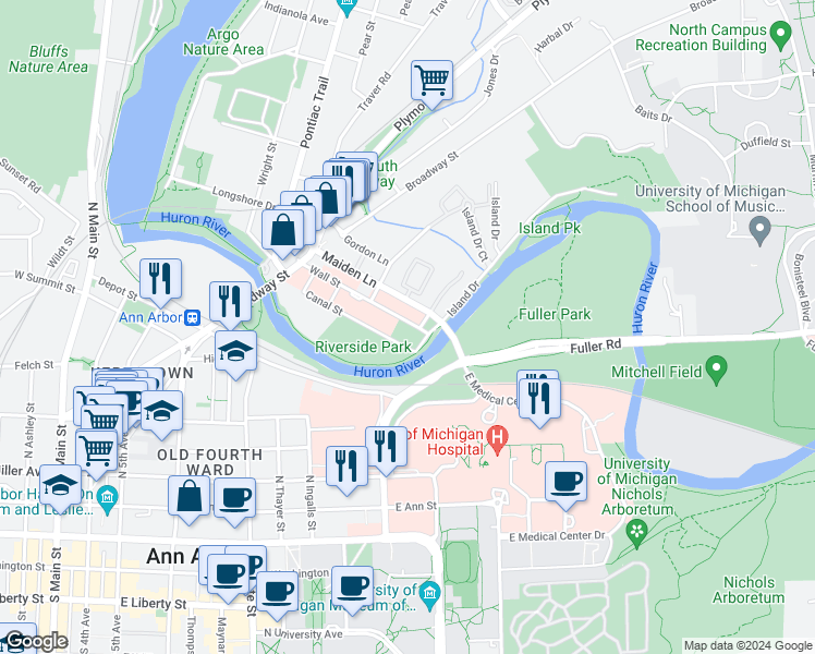 map of restaurants, bars, coffee shops, grocery stores, and more near 1047 Wall Street in Ann Arbor