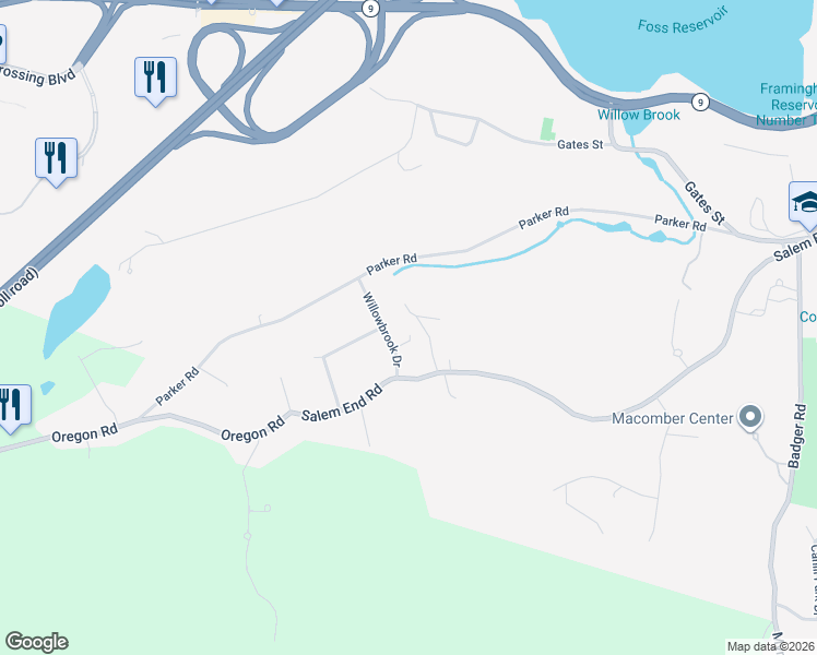 map of restaurants, bars, coffee shops, grocery stores, and more near 929 Salem End Road in Framingham
