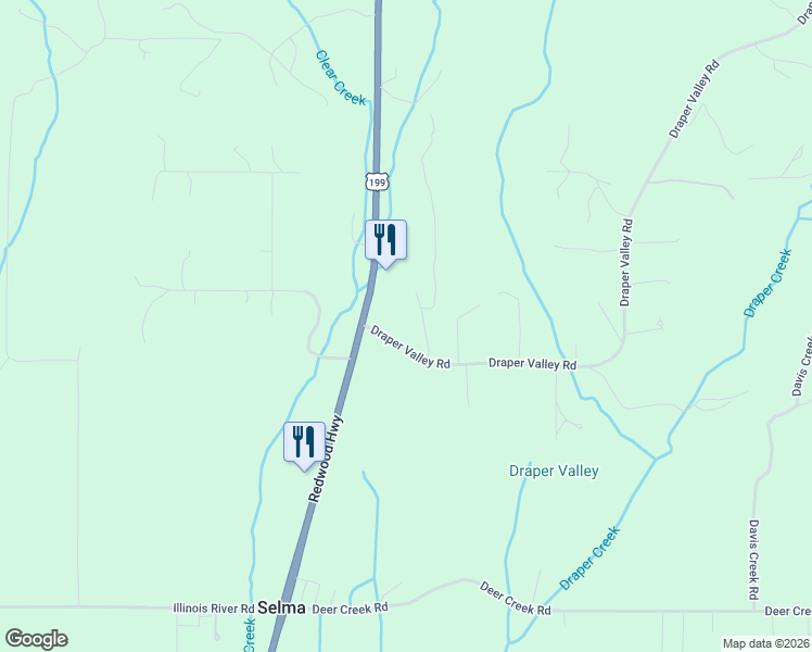 map of restaurants, bars, coffee shops, grocery stores, and more near 132 Draper Valley Road in Selma