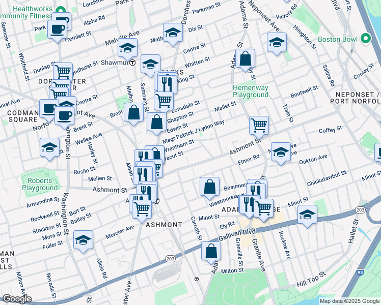 map of restaurants, bars, coffee shops, grocery stores, and more near 49 Wrentham Street in Boston