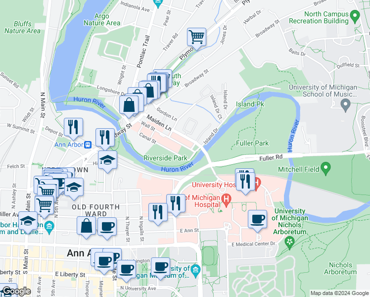 map of restaurants, bars, coffee shops, grocery stores, and more near 1047 Wall Street in Ann Arbor