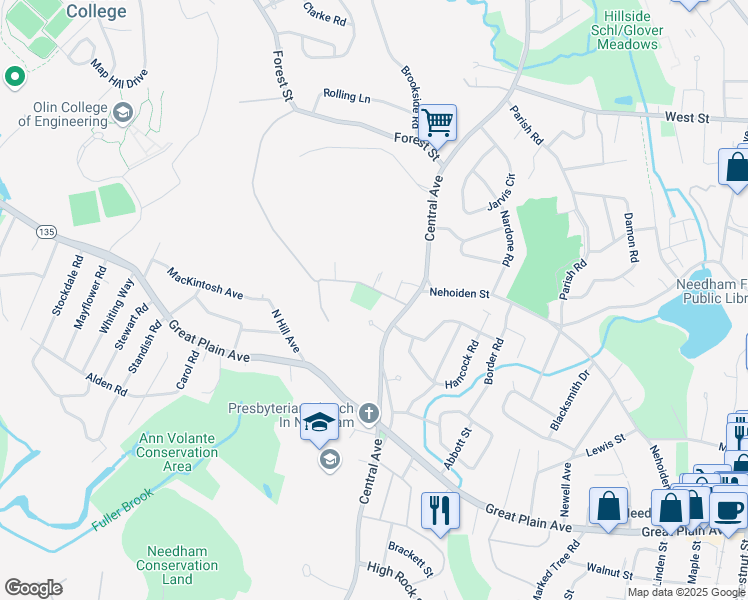 map of restaurants, bars, coffee shops, grocery stores, and more near 23 Dwight Road in Needham