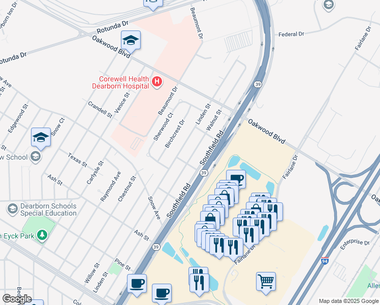 map of restaurants, bars, coffee shops, grocery stores, and more near 1607 Linden Street in Dearborn