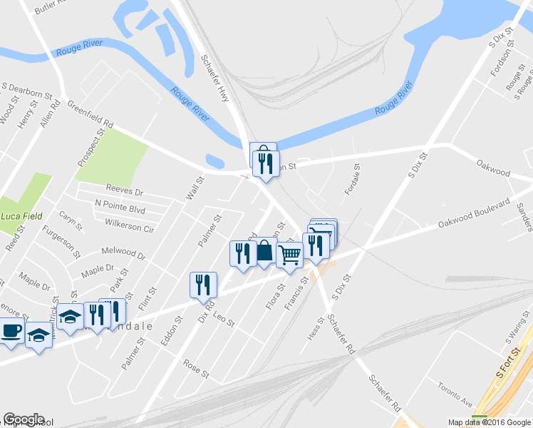 map of restaurants, bars, coffee shops, grocery stores, and more near 17001 Raupp Rd in Melvindale