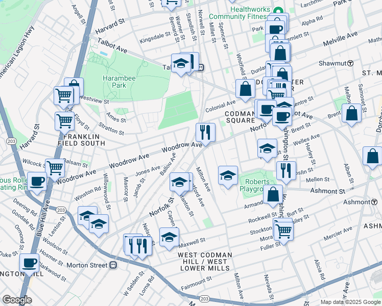 map of restaurants, bars, coffee shops, grocery stores, and more near 9 Milton Avenue in Boston