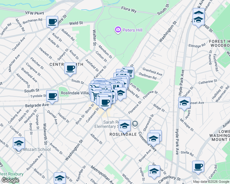 map of restaurants, bars, coffee shops, grocery stores, and more near 4175 Washington Street in Boston