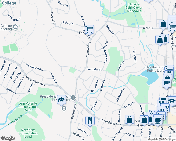 map of restaurants, bars, coffee shops, grocery stores, and more near 15 Nehoiden Street in Needham