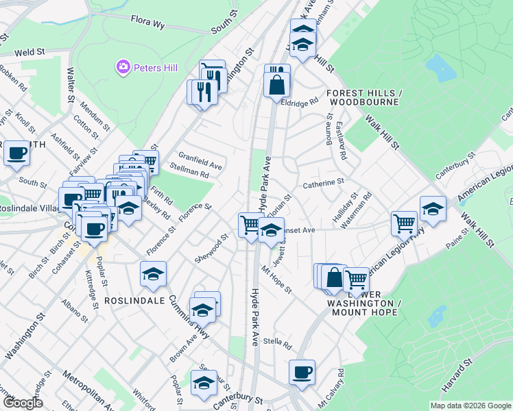 map of restaurants, bars, coffee shops, grocery stores, and more near 383 Hyde Park Avenue in Boston