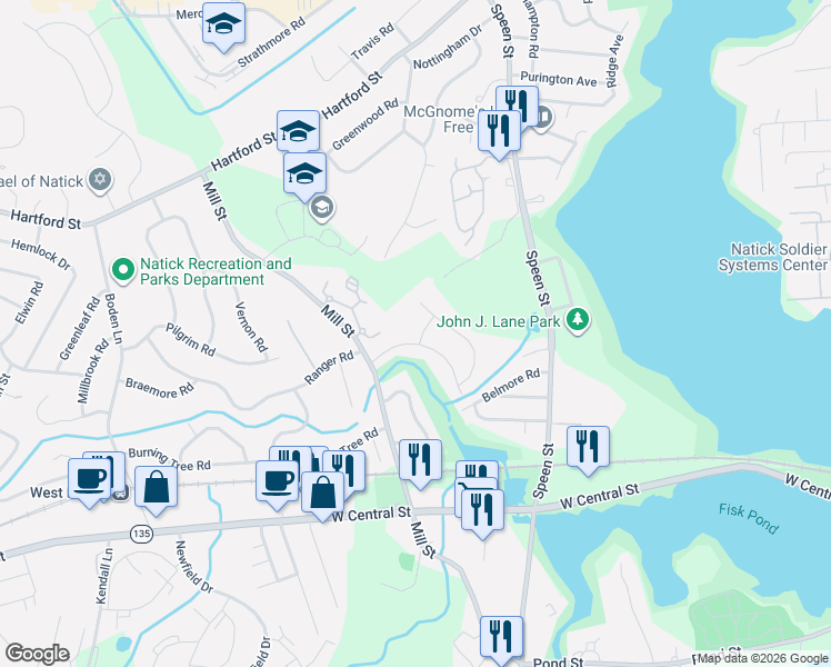 map of restaurants, bars, coffee shops, grocery stores, and more near 20 Kelsey Road in Natick