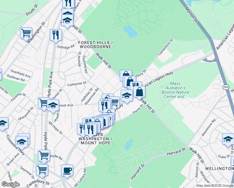 map of restaurants, bars, coffee shops, grocery stores, and more near 594 Canterbury Street in Boston