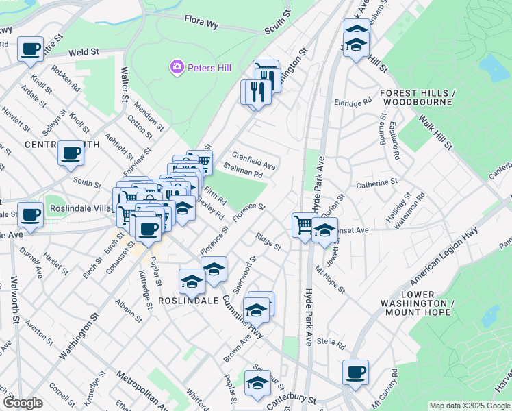 map of restaurants, bars, coffee shops, grocery stores, and more near 160 Florence Street in Boston