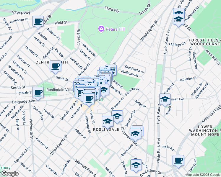 map of restaurants, bars, coffee shops, grocery stores, and more near 12 Bexley Road in Boston