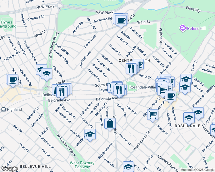 map of restaurants, bars, coffee shops, grocery stores, and more near 1 Bradford Circle in Boston