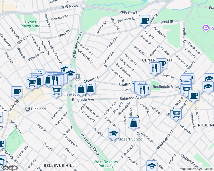 map of restaurants, bars, coffee shops, grocery stores, and more near 1029 South Street in Boston