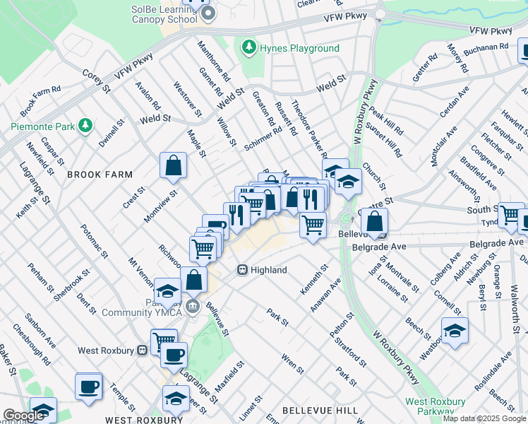 map of restaurants, bars, coffee shops, grocery stores, and more near 45/4 Willow Street in Boston