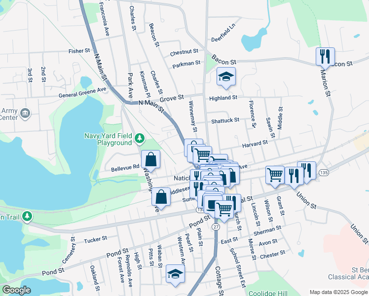 map of restaurants, bars, coffee shops, grocery stores, and more near 46 North Main Street in Natick