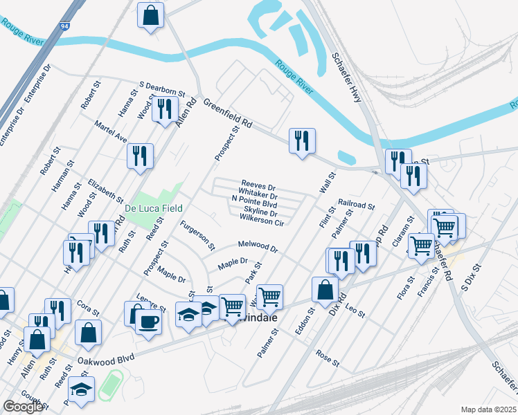 map of restaurants, bars, coffee shops, grocery stores, and more near 3221 North Pointe Boulevard in Melvindale