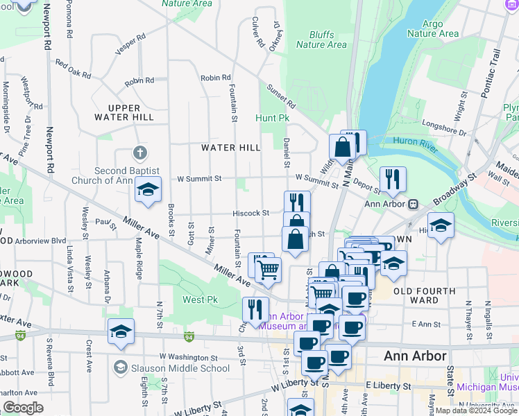map of restaurants, bars, coffee shops, grocery stores, and more near 714 Spring Street in Ann Arbor