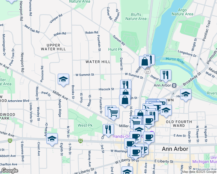 map of restaurants, bars, coffee shops, grocery stores, and more near 714 Spring Street in Ann Arbor