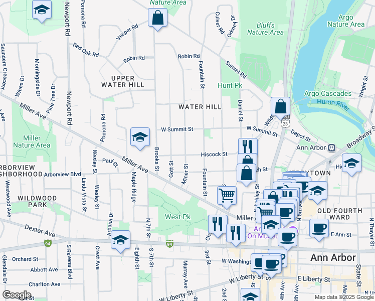 map of restaurants, bars, coffee shops, grocery stores, and more near 710 Miner Street in Ann Arbor