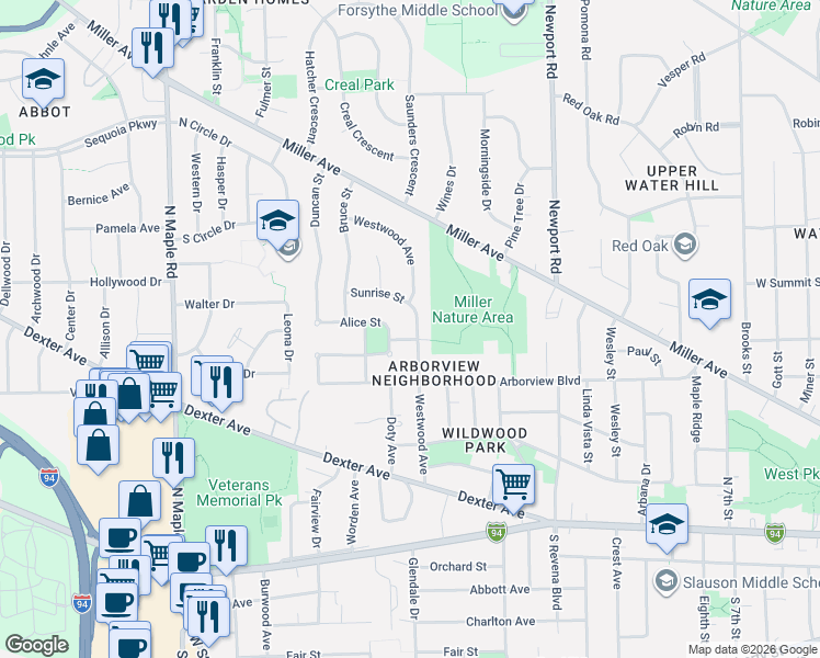 map of restaurants, bars, coffee shops, grocery stores, and more near 2000 Alice Street in Ann Arbor