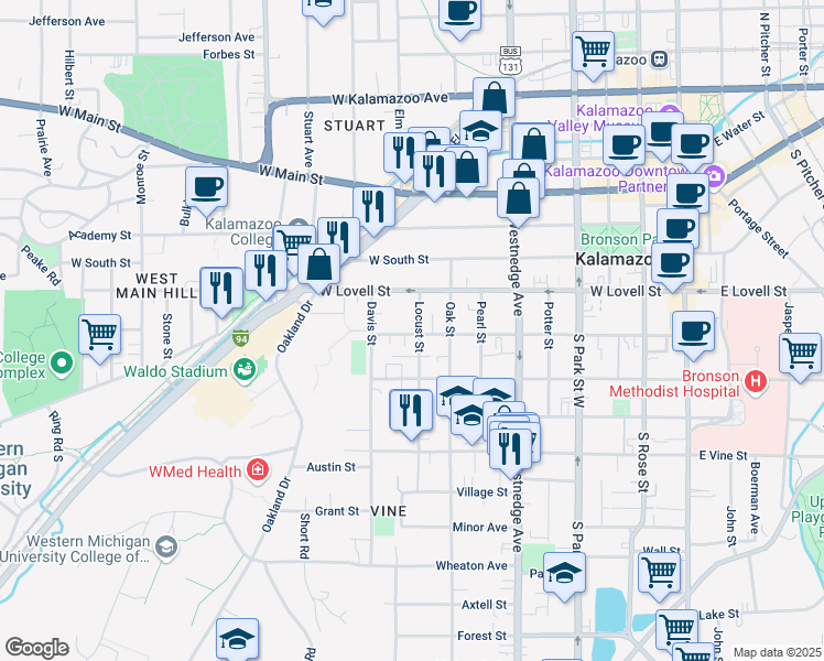 map of restaurants, bars, coffee shops, grocery stores, and more near 417 Locust Street in Kalamazoo