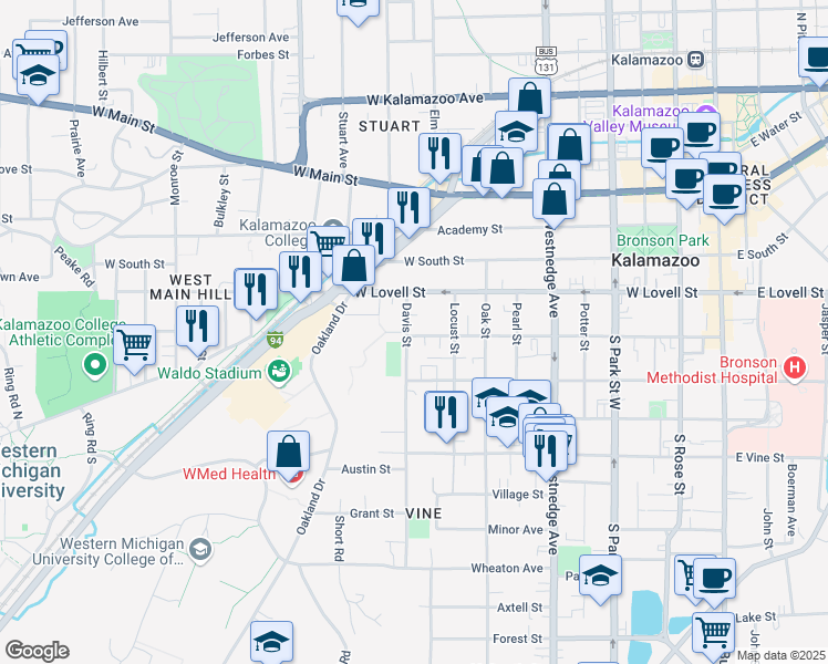 map of restaurants, bars, coffee shops, grocery stores, and more near 821 West Lovell Street in Kalamazoo