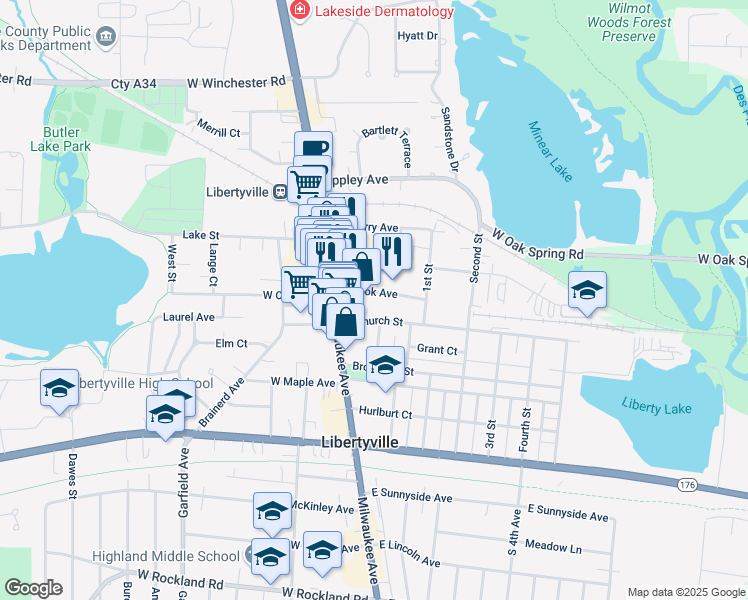 map of restaurants, bars, coffee shops, grocery stores, and more near 148 East Cook Avenue in Libertyville