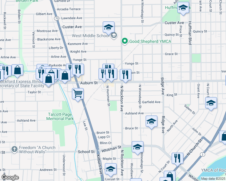 map of restaurants, bars, coffee shops, grocery stores, and more near 1305 North Horsman Street in Rockford
