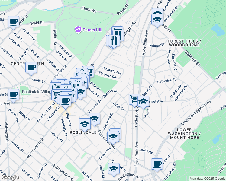 map of restaurants, bars, coffee shops, grocery stores, and more near 160 Florence Street in Boston