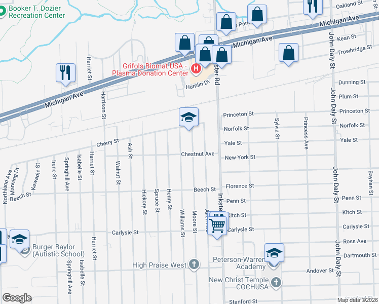 map of restaurants, bars, coffee shops, grocery stores, and more near 3111 Williams Street in Inkster