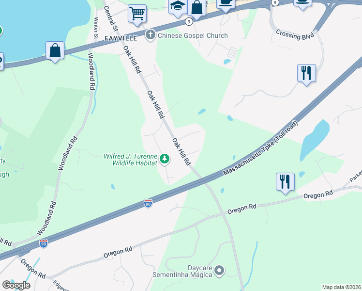 map of restaurants, bars, coffee shops, grocery stores, and more near 84 Oak Hill Road in Southborough
