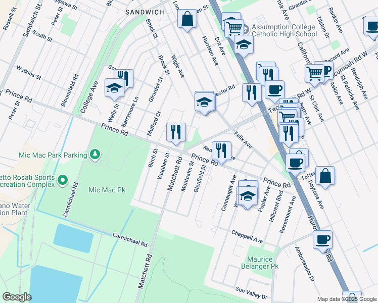 map of restaurants, bars, coffee shops, grocery stores, and more near 1320 Prince Road in Windsor