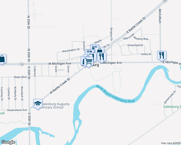 map of restaurants, bars, coffee shops, grocery stores, and more near Mill Street in Galesburg