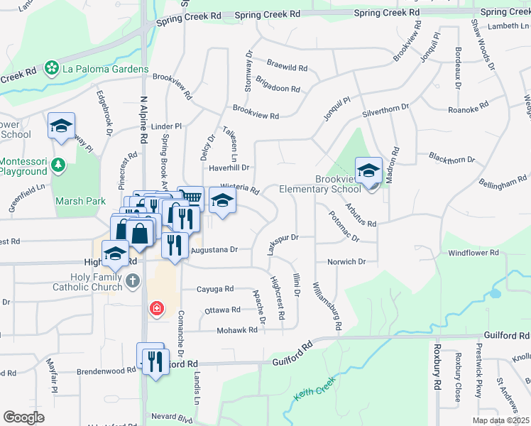 map of restaurants, bars, coffee shops, grocery stores, and more near 1805 Spring Brook Avenue in Rockford