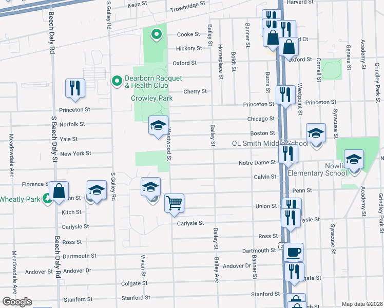 map of restaurants, bars, coffee shops, grocery stores, and more near 24730 New York Street in Dearborn