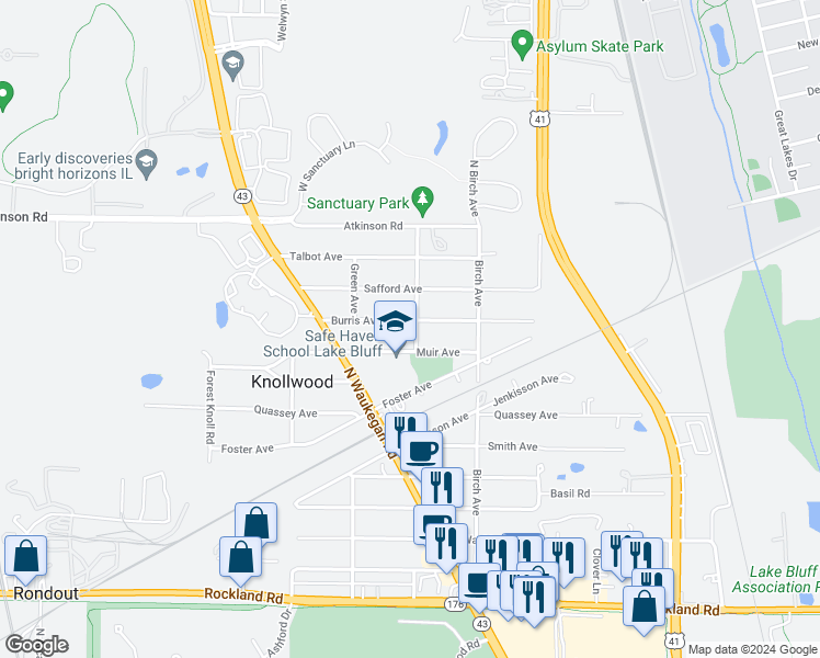 map of restaurants, bars, coffee shops, grocery stores, and more near 910 Burris Avenue in Lake Bluff