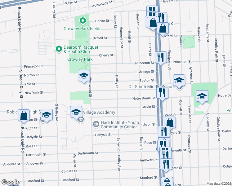 map of restaurants, bars, coffee shops, grocery stores, and more near 24601 New York Street in Dearborn