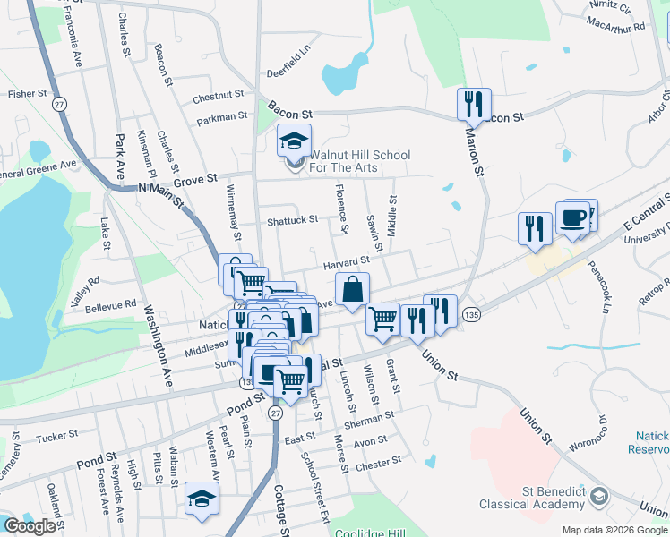 map of restaurants, bars, coffee shops, grocery stores, and more near 20 Harvard Street in Natick
