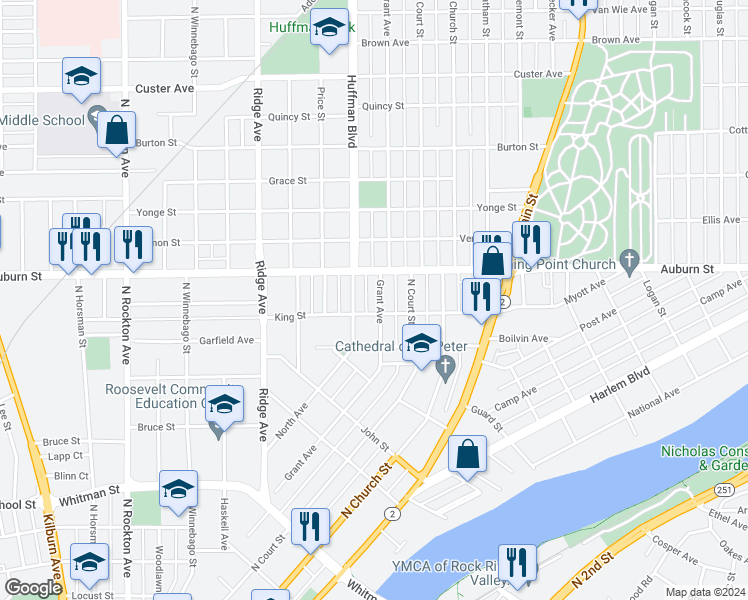 map of restaurants, bars, coffee shops, grocery stores, and more near 1412 Grant Avenue in Rockford