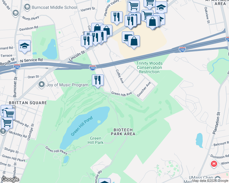 map of restaurants, bars, coffee shops, grocery stores, and more near 7 Green Hill Avenue in Worcester
